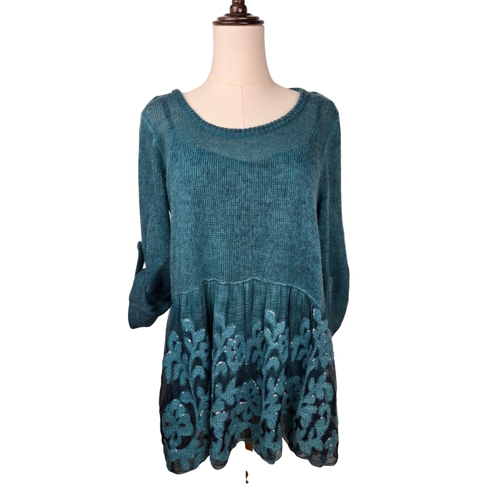 Belle France Tunic Sweater Large Teal Mohair Wool Silk Trim Sequin Floral Italy